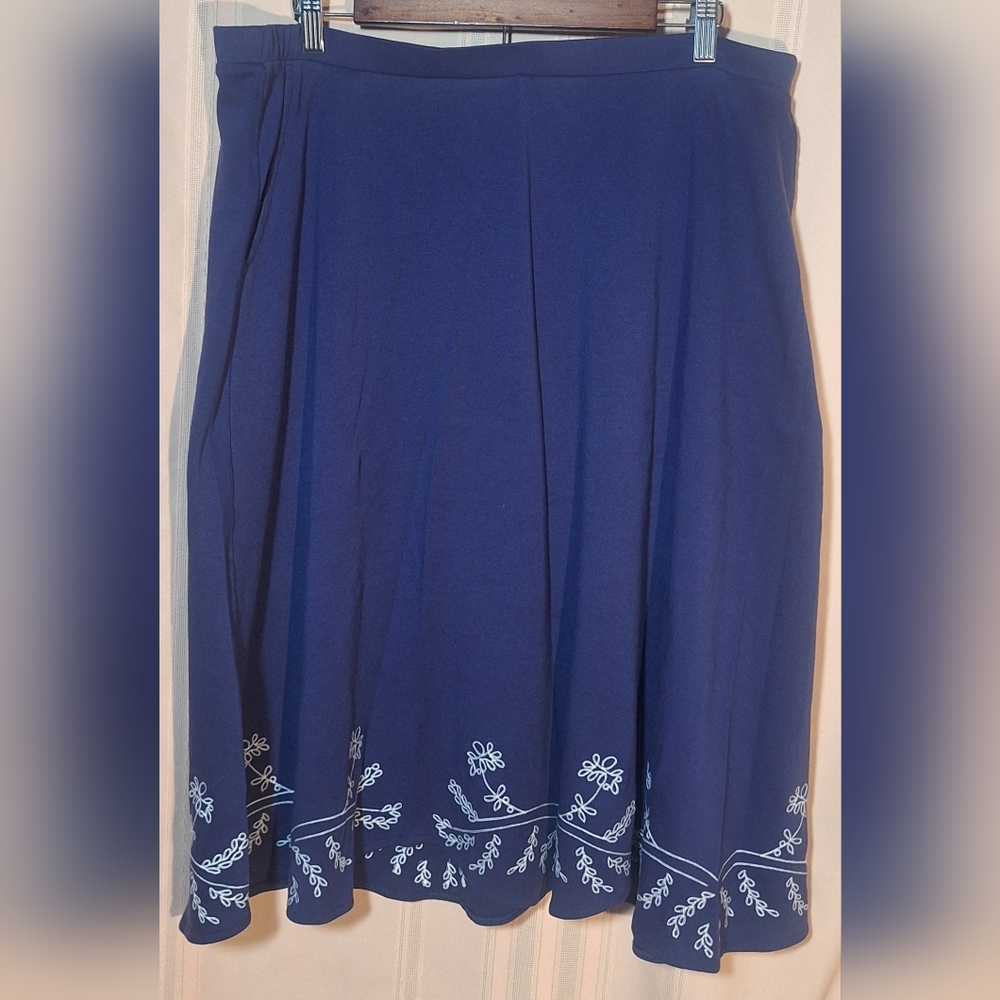 ULTRA SOFTS Dark Blue A-Line Skirt with Embroidery and Scalloped Hem